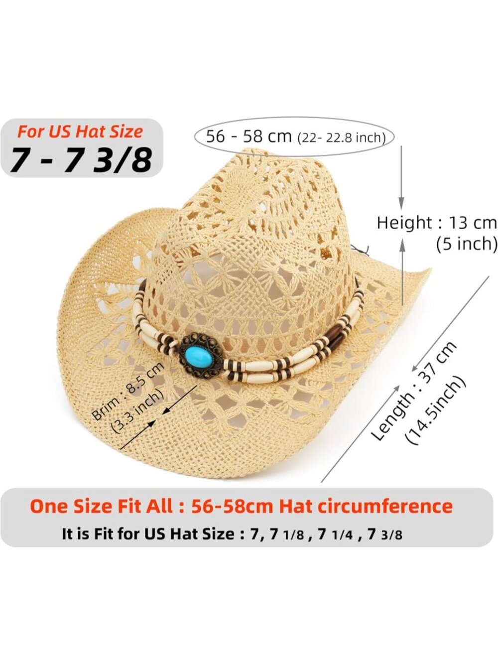 Men's Beige-m Straw Adjustable Wide Brim Sun Beach Western Cowgirl Cowboy Hat - Picture 3 of 6